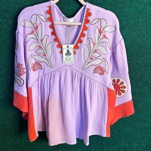 045 NWT Easel Embroidered Detail Cotton Gauze Babydoll Shirt Top Blouse